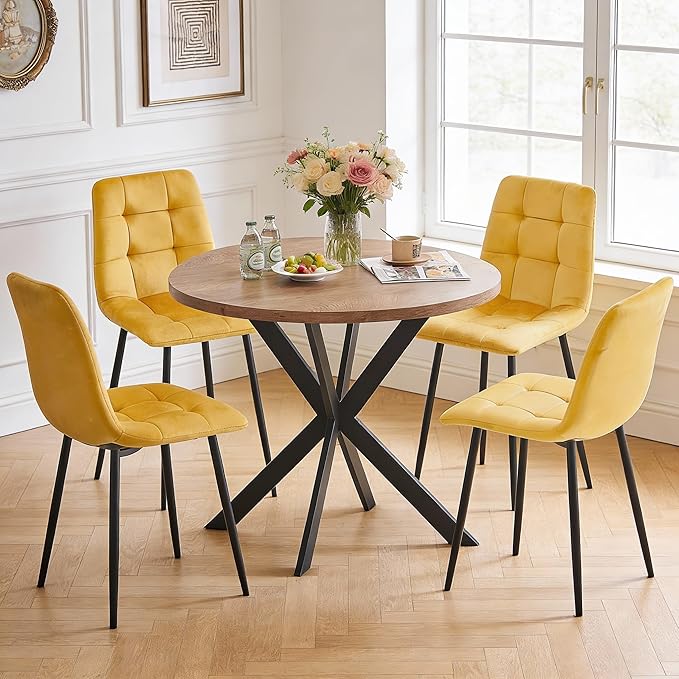 5-Piece Round Dining Table Set - Kitchen Table Chairs Set of 4 with Yellow Velvet Upholstered Chairs -Dining Table Set for 4