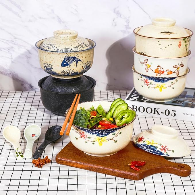 Ceramic Ramen Bowl Set, 800ml, with Lid, Spoon and Chopsticks, Japanese Vintage Large Soup Bowls Instant Noodle Bowl Asian Tableware (Color*1)