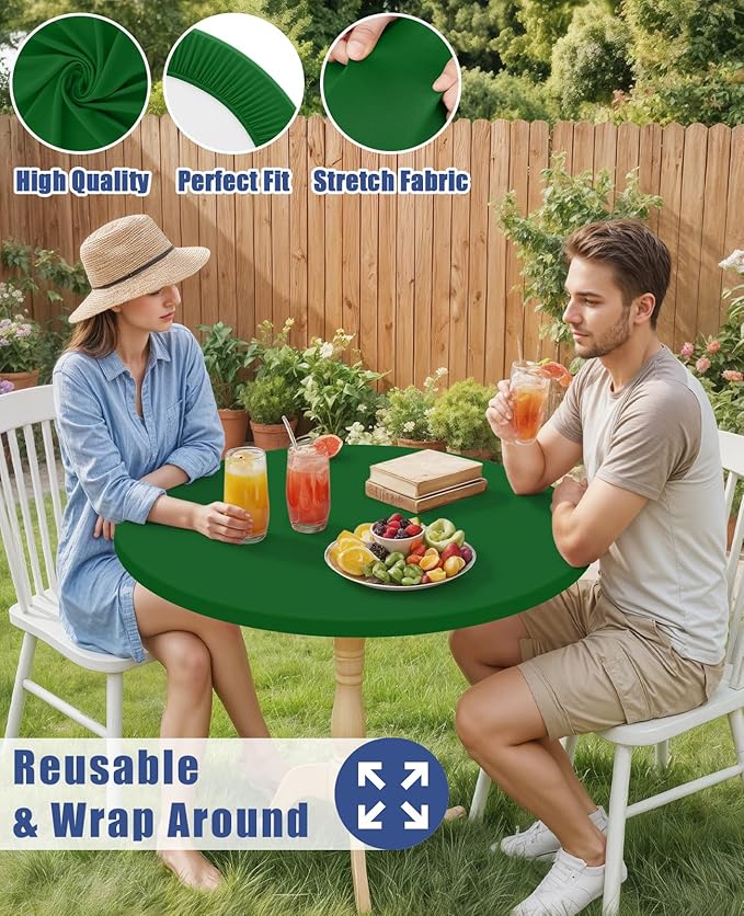 Round Spandex Tablecloth 2 Pack, Elastic Fitted Waterproof Tablecloths for 18"-24" Tables, Stretch Washable Picnic Table Cover for Camping, Dining, Indoor and Outdoor, Emerald Green