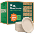 100% Compostable Paper Plates 9 Inch [500 Count] Heavy-Duty Dinner Plates - Natural Brown Color Unbleached Bagasse - Eco-Friendly Disposable Biodegradable Sugarcane Plates - [Bulk Case 4 x 125 Pack]