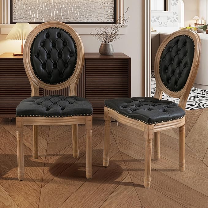 SoarFlash French Dining Chairs Set of 4, Vantage Dining Chair with Round Back, Farmhouse Country PU Leather Dining Chair for Kitchen,Bedroom,Black