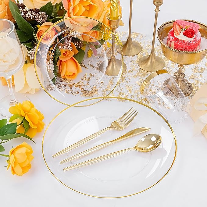 EI 180pcs Gold Plastic Plates,Clear Plates with Gold Trim,Plastic Plate for Party,Clear Dinnerware Set Silverware Cups for Baby Shower,Wedding,Spring Afternoon Tea