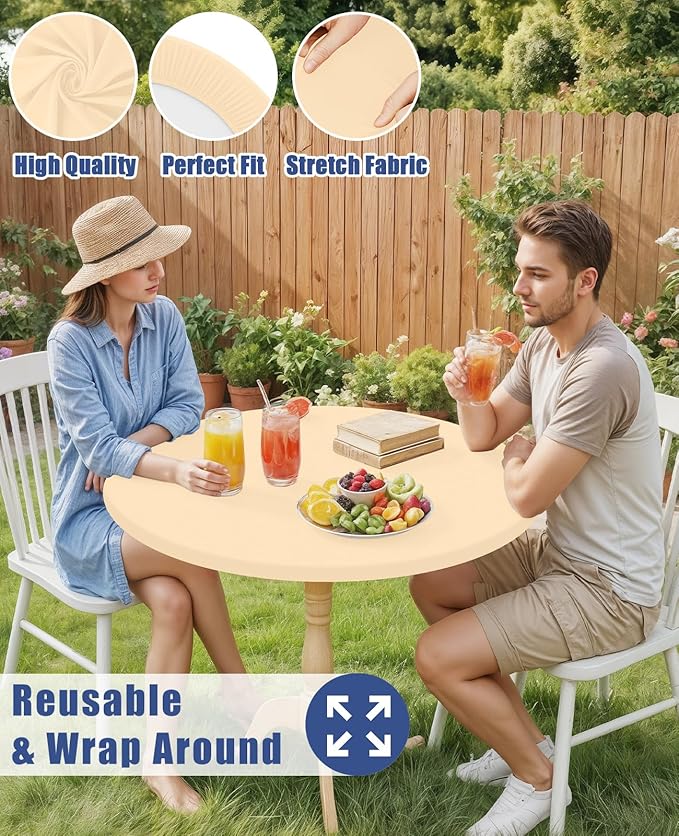 Round Spandex Tablecloth, Elastic Fitted Waterproof Tablecloths for 25"-30" Tables, Stretch Washable Picnic Table Cover for Camping, Dining, Indoor and Outdoor,Ivory