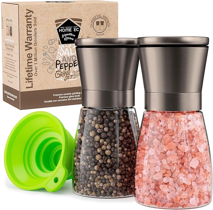 Home EC Original Gun Metal Bronze Salt and Pepper Grinder Set of 2 - Adjustable Ceramic Grinder - Glass Salt and Pepper Shakers With Funnel and Ebook - Spice Mill - Bronze Kitchen Accessories