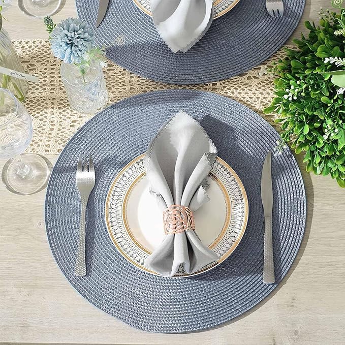 AHHFSMEI Round Braided Placemats 15 Inch Round Table Mats for Dining Tables Natural Woven Heat Resistant Place mats Set of 4 (Light Blue,4)