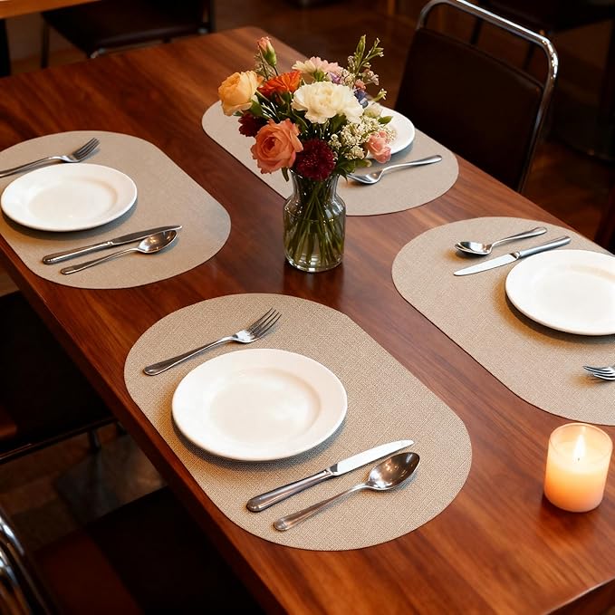 Oval Placemats for Dining Table Set of 4, Washable Leather Table Mats, Waterproof Heat-Resistant Non-Slip Kitchen Placemats, Simple Style Oval Design