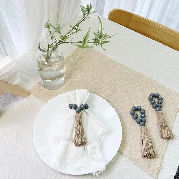 Napkin Rings Set of 12,Wooden Napkin Rings,Wood Bead Elastic Farmhouse Napkin Holder with Tassel,Boho Napkin Ring for Table Decor,Weeding,Dinner,Party (Dark Gray)