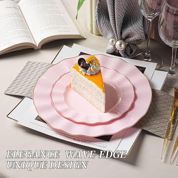 120PCS Pink Plastic Plates, Heavy Duty Disposable Party Plates with Gold Rim, Fancy 60 Dinner & 60 Dessert Plates for Parties and Wedding