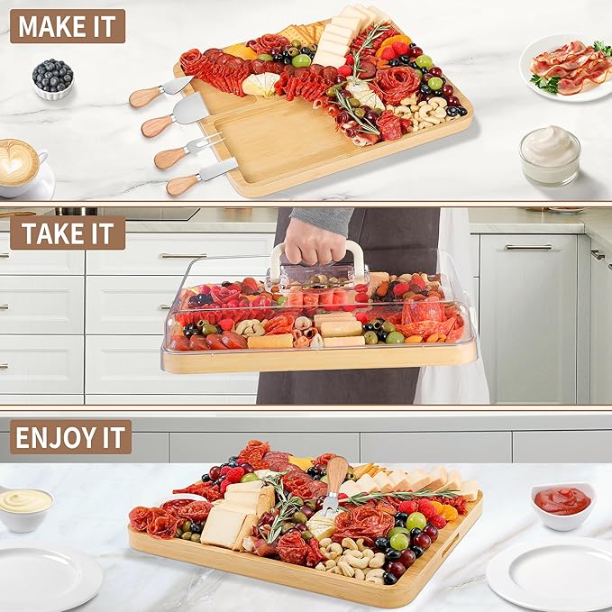 Portable Travel Charcuterie Board with Lid and Handle - Large Bamboo Cheese Board with 4 Cheese Knife Set for Outdoor, Picnics - Weddings, House Warming Gift for Women (6 Compartments, White)