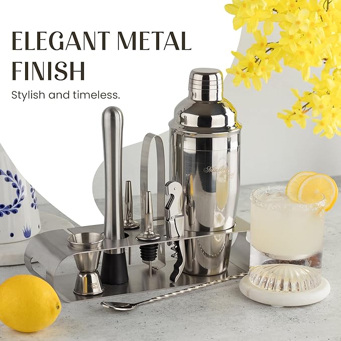 Mixology & Craft Cocktail Shaker Set with Stainless Steel Stand - 9-Piece Bartender Kit with Recipe Cards - Cocktail Mixer & Barware Tool Set