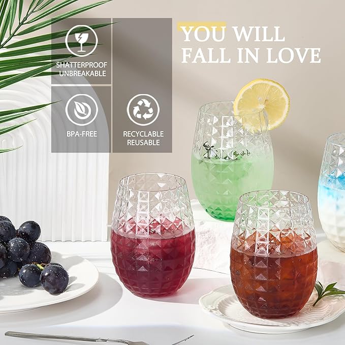 20 Pack Plastic Wine Glasses, 16Oz Disposable Wine Glasses Unbreakable Clear Plastic Cocktail Glasses Recyclable Shatterproof Reusable Wine Cups