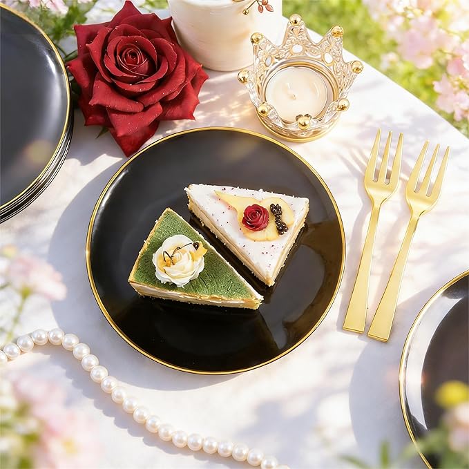 Festiva 400Pcs Black Gold Dessert Plates 6.3" with Forks 5"- 200PCS Small Disposable Dessert/Cake/Appetizer Plates and 200PCS Forks - Serve 200 Guests for Birthday Party& Wedding