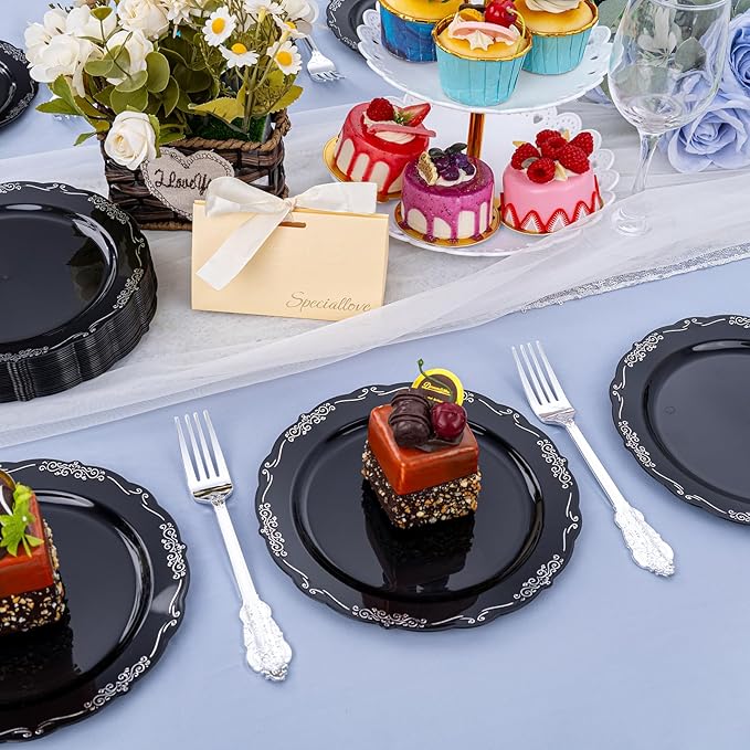 DaYammi 60PCS Black and Silver Plastic Plates, Heavy Duty Black and Silver Disposable Plates Premium 7.5 inch Dessert Cake Salad Appetizer Plate Hard Plastic Plate Disposable for Party Wedding