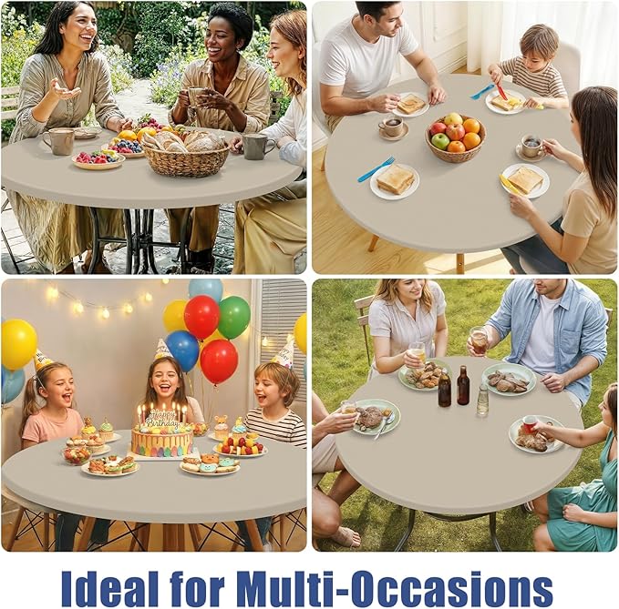 Round Spandex Tablecloth 2 Pack, Elastic Fitted Waterproof Tablecloths for 36"-44" Tables, Stretch Washable Picnic Table Cover for Camping, Dining, Indoor and Outdoor, Taupe