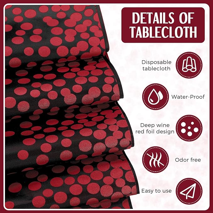 Breling 8 Pack Black and Maroon Disposable Plastic Tablecloths and Satin Table Runner Set, 54 x 108 Inch Tablecloth, 12 x 108 Inch Table Runners for Wedding Graduation Birthday Baby Shower