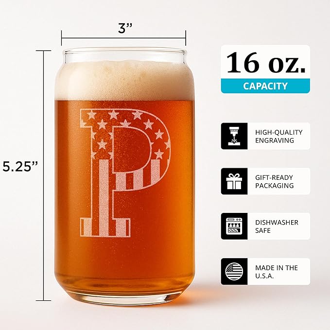 Monogram Beer Glasses for Men (A-Z) 16 oz - Beer Gifts for Men Brother Son Dad Neighbor - Unique Gifts for Him - Personalized Drinking Gift Beer Glass Mugs - Engraved Beer Can Glass (P)