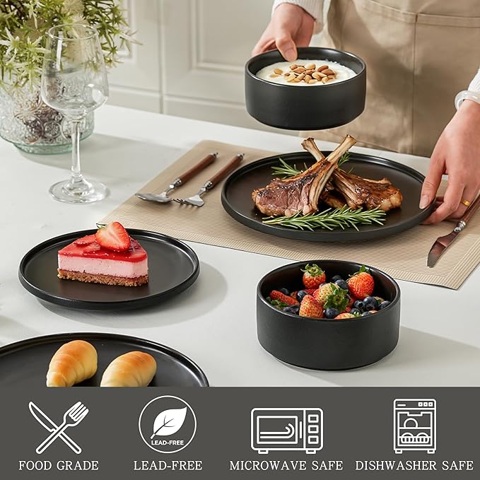 12 Piece Ceramic Dinnerware Set for 4, Modern Minimalist Stoneware Dinner Plates and Bowls, Microwave Safe, Dishwasher Safe, Versatile for All Seasons, Matte Black