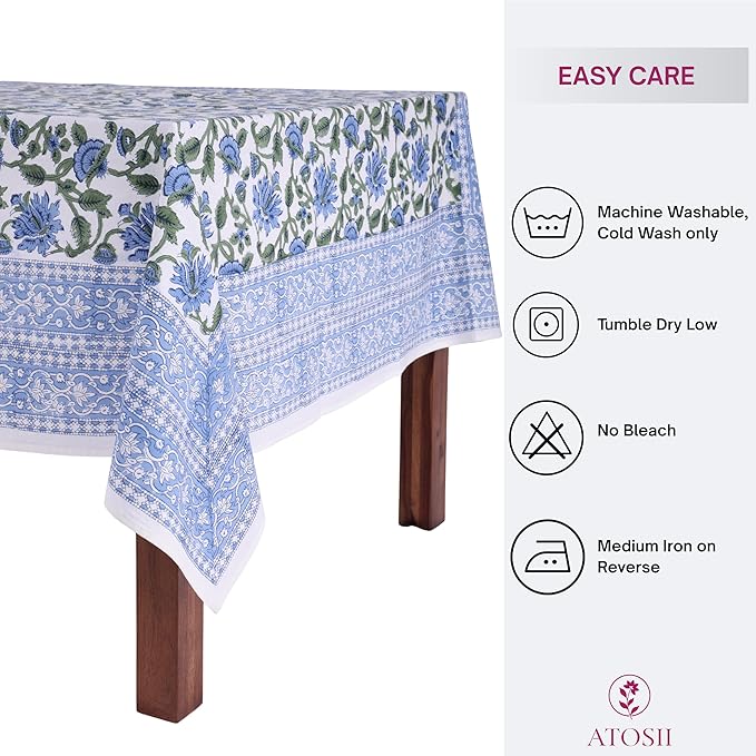 ATOSII Taj 100% Cotton Summer Tablecloth, Block Print Floral Rectangle Table Cloth for Dining Table I Parties Wedding Outdoors, Grand Millenial Decor 60 X 108 Inches I 8 Seater