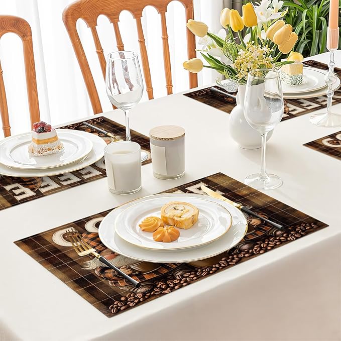 Coffee Gnomes Placemats Set of 6, Cafe Station Table Mats, Washable Place Mats for Coffee Bar Home Party Indoor Kitchen Dining Table Decor 12x18 Inch