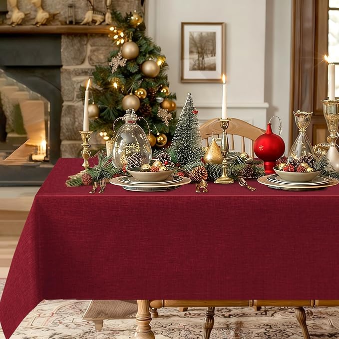 Hiasan 2 Pack Faux Linen Red Rectangle Tablecloth - Wrinkle and Stain Resistant Washable Table Cloth for Kitchen Dining Room Holiday Table Cover for Party Dinner, 90 x 156 Inch