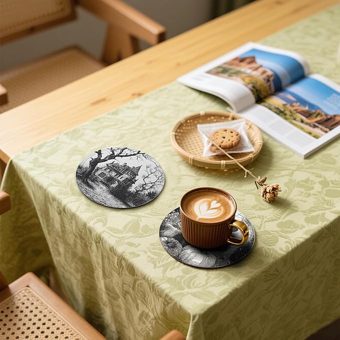 Halloween Cat Coasters Leather Round Drink Coasters 6 Pcs Set with Holderor for Cup Drink Coffee Table Bar Home Decor