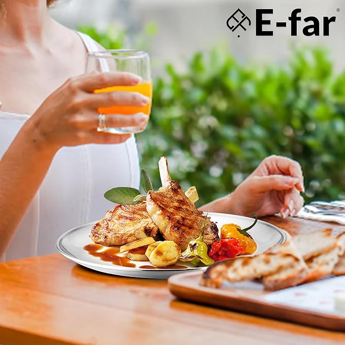 E-far 4-Piece Stainless Steel Plates, 9 Inch Metal Dinner Plates Dishes for Home, Picnic, Outdoor Camping, Healthy & Non-Toxic, Shatterproof & Dishwasher Safe