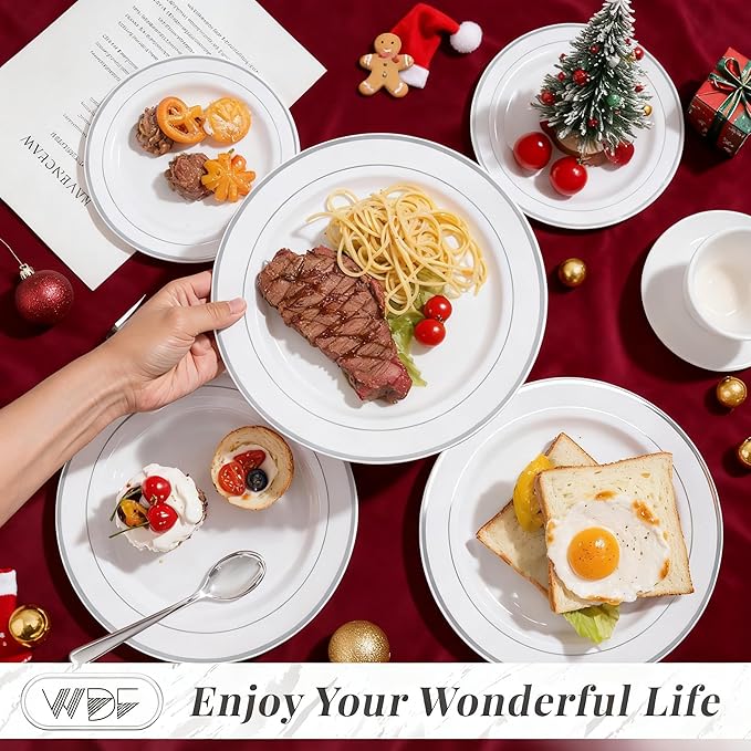 350 Pcs Silver Plastic Plates - Silver Dinnerware Set of 50 Dinner Plates 50 Dessert Plate 50 Silverware 50 Napkins 50 Cups for Christmas Party&Wedding