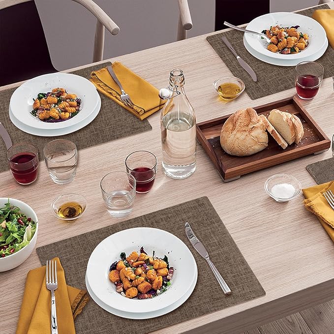 Placemats Set of 8, Faux Linen Dining Table Mats Heat Resistant Placemats for Kitchen Table, Washable Anti-Slip Place Mats, Kitchen Placemats Easy to Clean(Dark Brown)