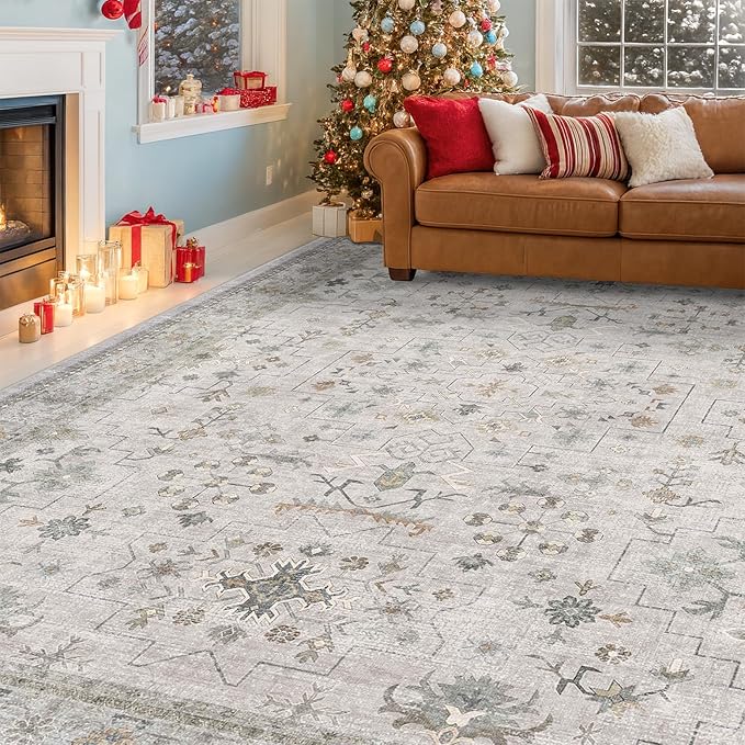 Boho Light Grey Living Room Rug 6x9 - Modern Vintage Eclectic Floral Paste Neutral Taupe, Washable Low Pile Non-Slip Large Area Rugs for Dining Under Table Bedroom