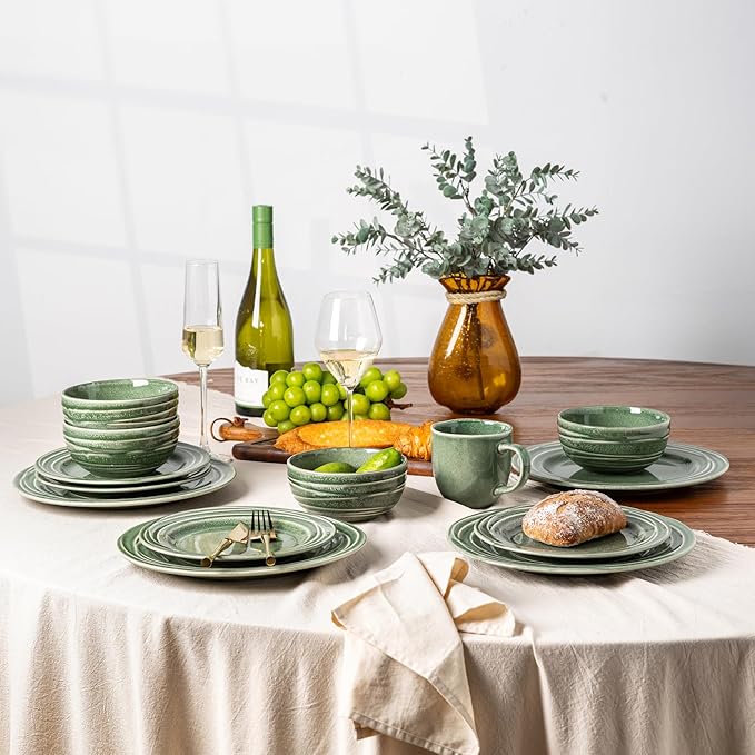 GBHOME Ceramic Dinnerware Sets,12 pcs Embossed Elegant Stoneware Plates and Bowls Sets, Housewarming Wedding Gift | Dishwasher & Microwave Safe | Dishes Set Service for 4,Dark Green