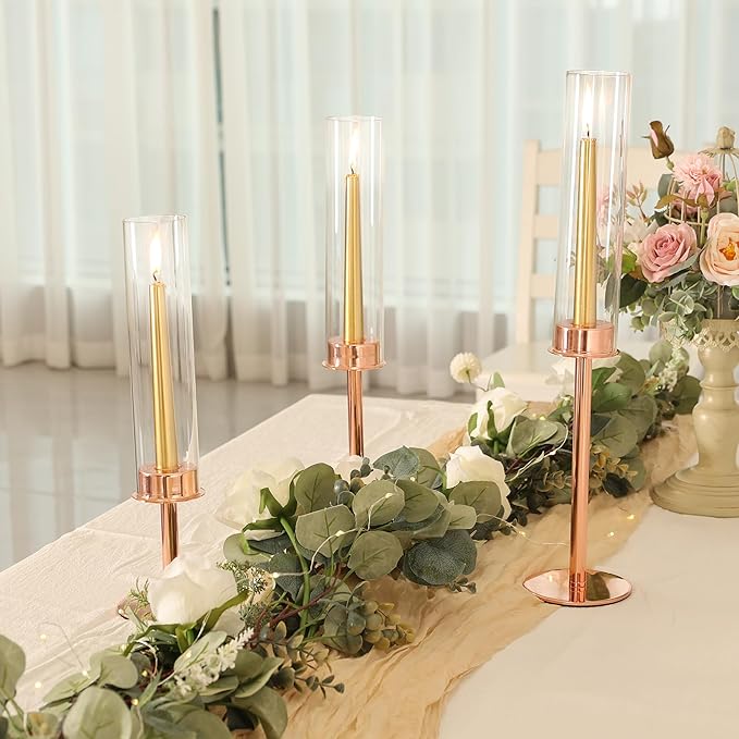 Hurricane Candle Holders Set of 3 Metal Candlestick Holder for Glass Taper Tall Candle Holders with Crystal Chimney Tube Candles Stands for Home Decor, Christmas, Dinning (3, Rose Gold)