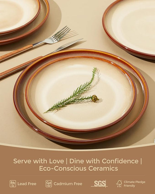 24 Piece Dinnerware Sets for 8, Modern Stoneware Plates and Bowls Sets, Perfect for Family Gatherings & Holiday Celebrations, Easy Cleaning Dish Set, Stack Compactly Dinner Set, Brown Yellow