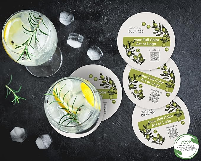 B.E. Green Custom Coasters - Pulpboard Personalized Coasters for Drinks - Full Color Print - Reusable & Absorbent - Beverage Coaster - Promotional Events & Celebrations - Pack of 50-4" Round Coaster
