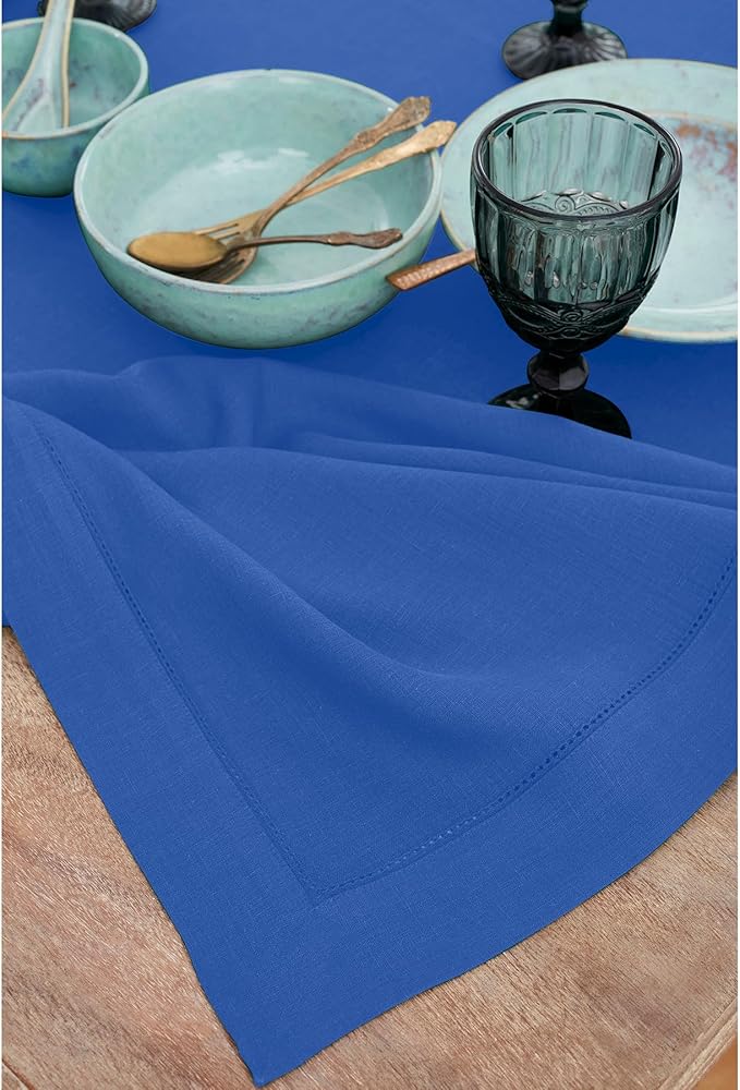 Solino Home Linen Tablecloth for Rectangle Tables 60 x 120 Inch - Classic Hemstitch 100% Pure Linen Royal Blue Table Cloth - Machine Washable Cloth Tablecloth for Spring