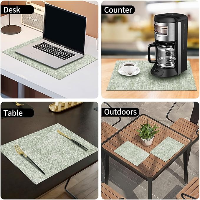 homing Faux Leather Heat Resistant Placemats 8 Packs, Waterproof Wipeable Dining PU Place Mats for Indoor & Outdoor, Easy to Clean, Light Green