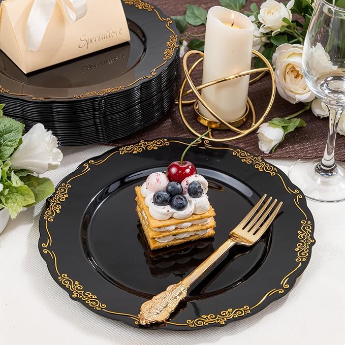DaYammi 60PCS Black and Gold Plastic Plates, Heavy Duty Black and Gold Disposable Plates Premium 10inch Dinner Plate Hard Plastic Plate Disposable for Party and Wedding