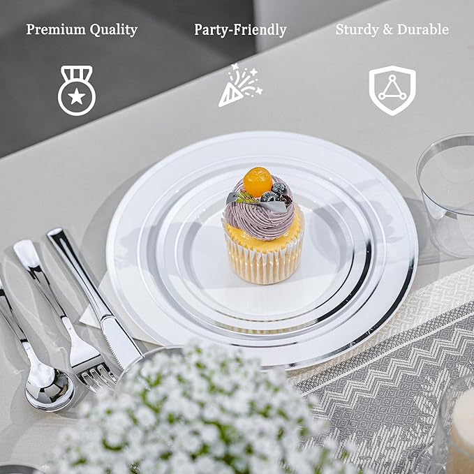 N9R 600PCS Silver Disposable Plastic Plates, Silver Plastic Dinnerware Set Includes 100 Dinner Plates, Dessert Plate, Cups, Spoons, Forks, Knives for 100 Guests, Perfect for Party, Wedding, Birthday