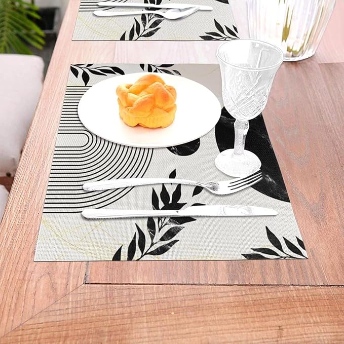 Boho Mid Century Leaf Placemats,Arch Sun Design,Minimalistic Leaves Pattern Luxurious Washable Place Mats 12x18Inch for Dining Kitchen Farmhouse Decor 4 PCS