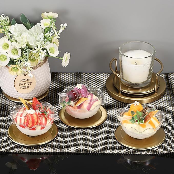 JUXYES Set of 6 Stainless Steel Round Coasters with Holder & Sponge Bottom, Golden Metal Cup Coasters Set Stunning Cool Coaster Cups Mats Decor for Restaurant Kitchen bar Dining Table