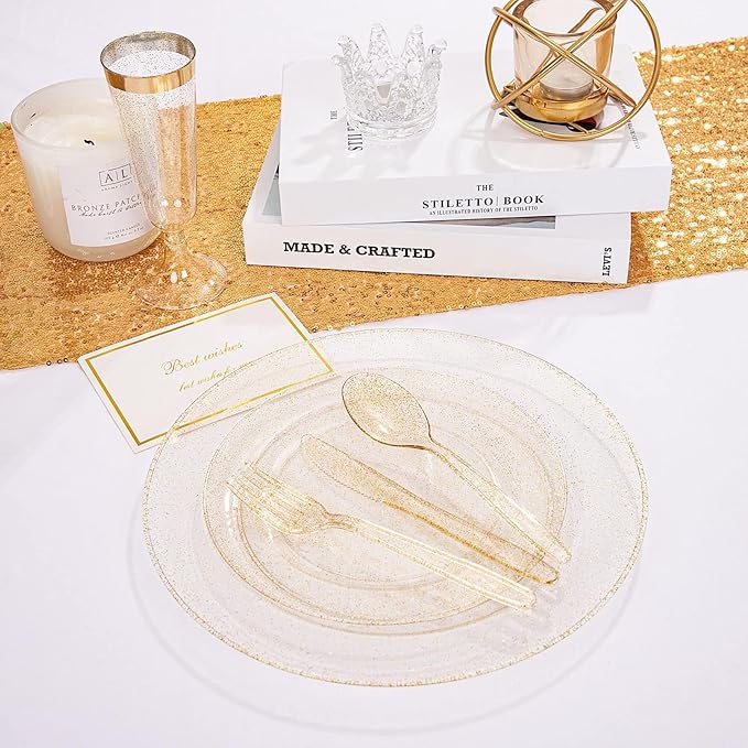 WDF 120PCS Gold Plastic Plates- Disposable Gold Glitter Plates, Premium Heavy Duty 60-10.25" Dinner Plate and 60-7.5" Salad Plate for Parties Wedding Birthday Valentine's Day