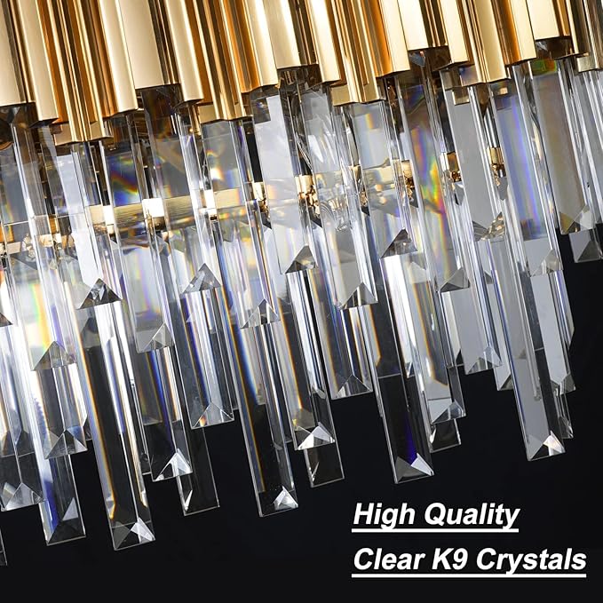 L51.2 Gold Rectangle Crystal Chandelier for Dining Room Modern Luxury Linear Light Fixture for Kitchen Island Contemporary Pendant Ceiling Light Oval Raindrop Chandelier Lighting 19-Light