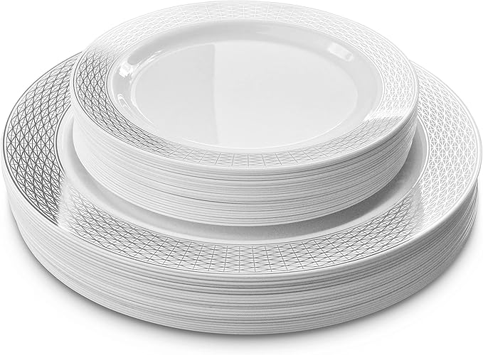 OCCASIONS 120 Plates Pack,(60 Guests) Heavyweight Premium Wedding Party Disposable Plastic Plates Set -60 x 10.5'' Dinner + 60 x 7.5'' Salad/Dessert (Diamond White & Silver)
