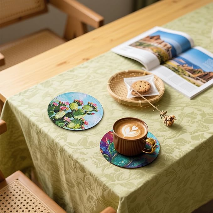 Cactus Coasters Leather Round Drink Coasters 6 Pcs Set with Holderor for Cup Drink Coffee Table Bar Home Decor