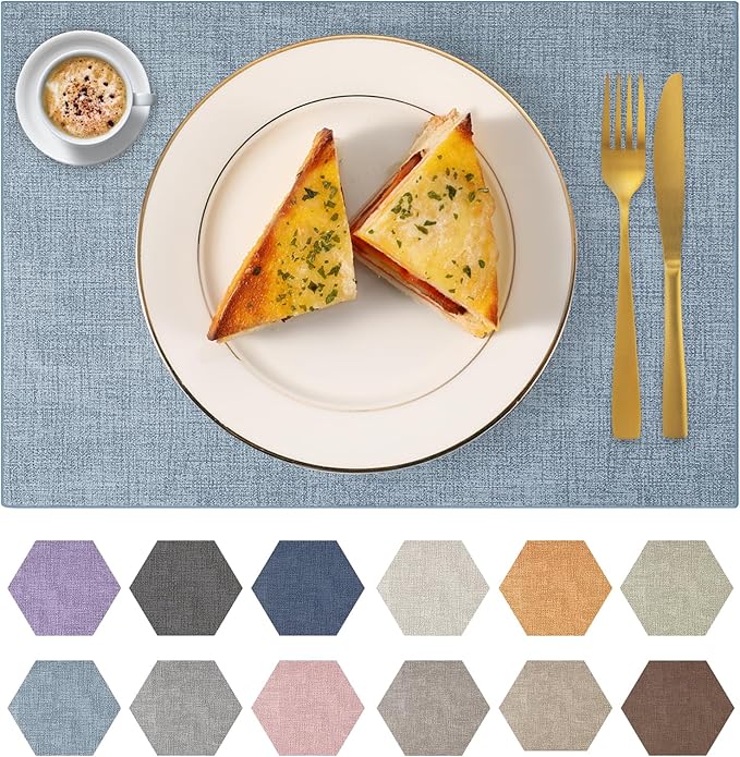 Faux Leather Placemats Set of 4 Washable PU Table mats for Kitchen Table - Heat Resistant, Waterproof, Easy Clean, Anti Slip 11.8" x 17" (Light Blue-4 Pack)