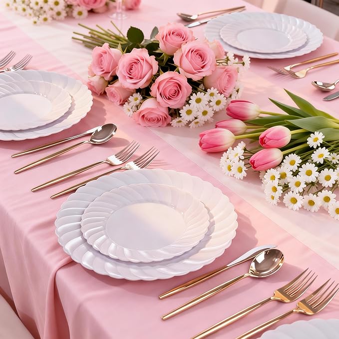 U-QE 60 Pcs White Plastic Plates for Party – Scalloped Plastic Plates Heavy Duty & Elegant – Include 30 10" Dinner & 30 7" Dessert Plate - Perfect for Party & Wedding