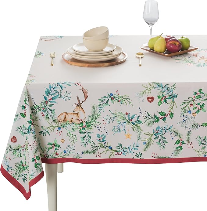 Maison d' Hermine Table Cloth Rectangle Table 100% Cotton 70 x 120 Inches Fall Tablecloth Reusable Everyday Use for Thanksgiving Christmas Decorations Dining Farmhouse Party (Holly Time)