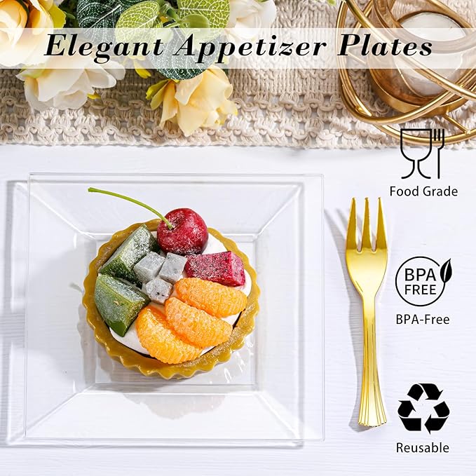 200pcs Square Dessert Plates Includ 100pcs 6inch Appetizer Plates,100pcs 5inch Plastic Forks,Clear Dessert Plates Disposable Appetizer Plates Serve 100 Guests For Wedding Party&Valentine's Day
