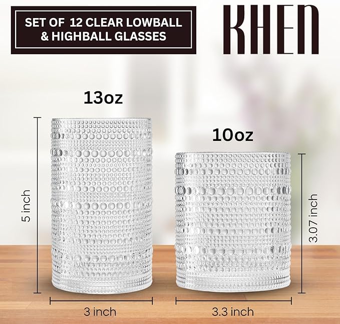 Khen Vintage Hobnail Drinking Glasses Set of 12, 13oz Highball Glasses & 10 oz Lowball Tumblers, Kitchen Water Glasses Cup, Bar Water, Juice, Cocktails Beer, Milk Indoor/Outdoor Bar & Party Drinkware