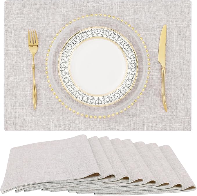 homing Cotton Linen Placemats Set of 8, Cloth Washable Farmhouse Dining Table Mats for Indoors & Outdoors, Easy to Clean, Neutral Beige, 13 x 19 Inch
