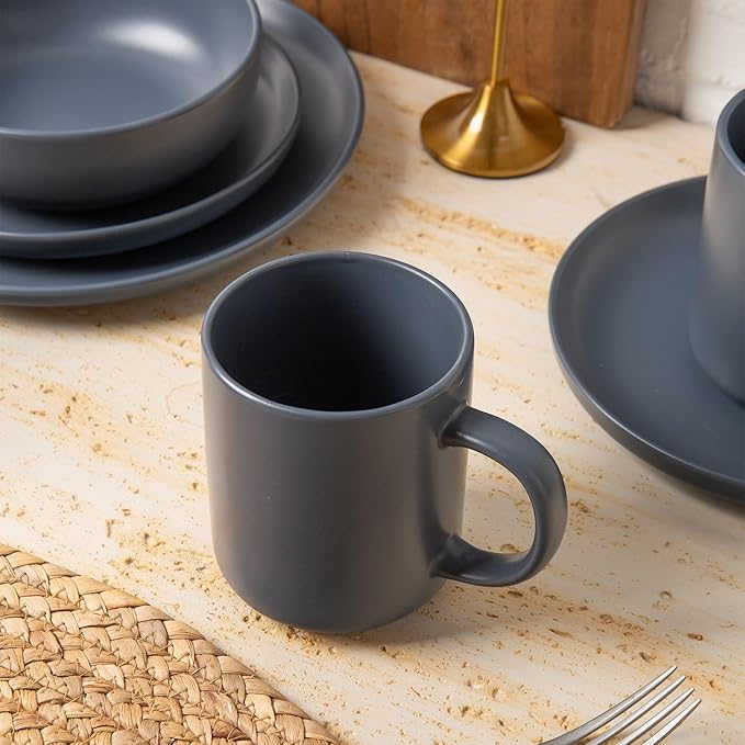 12-Piece Stoneware Dinnerware Set with Mugs | Microwave and Dishwasher Friendly | Stackable Matte Glaze Plates & Bowls | Service for 3 (Blue for 3)